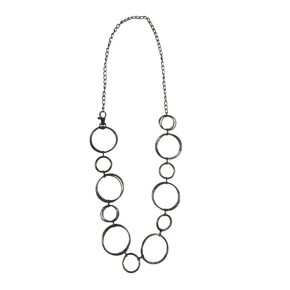 Silver Tone Multi Ring Long Chain Geometric Statement Necklace Textured Circles